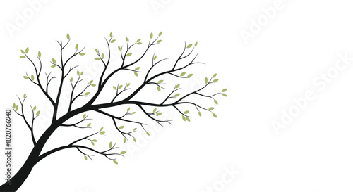 Minimalist vector illustration of a stylized tree with thin branches and small green leaves on a clean white background.