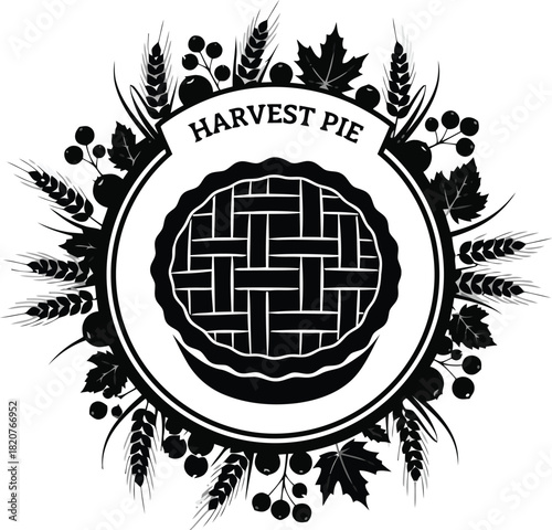 Rustic harvest pie emblem with autumn foliage and grains