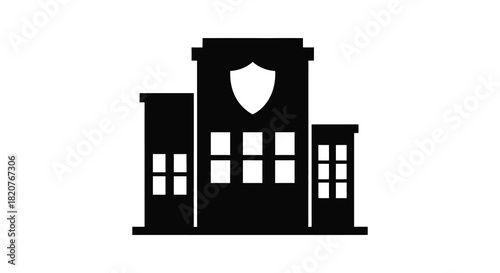 Police station building with shield symbol black silhouette