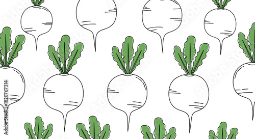 Simple seamless pattern of outlined radishes with fresh green tops creating a healthy and natural vegetable design.