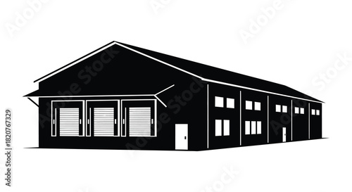 Black and white warehouse building illustration with gable roof silhouette