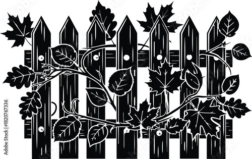 Rustic picket fence with climbing vines and leaves