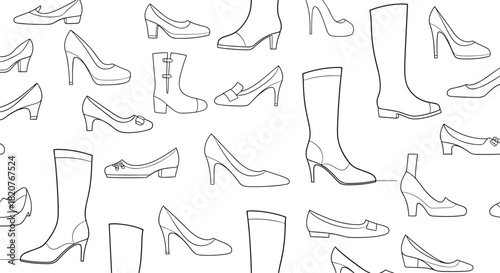 Fashionable seamless pattern showcasing outlined women's shoes and boots in diverse styles on a clean white background.