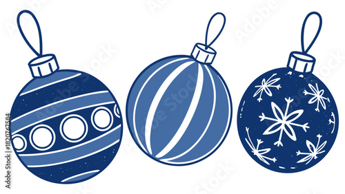 Three glossy blue Christmas baubles placed on white background, vibrant color, smooth finish, high-quality festive decoration, clear detailed holiday elements.