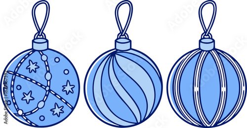 Three elegant blue Christmas ornaments isolated on transparent background, glossy finish, clean, high-resolution festive decoration, smooth texture, bright color, premium appearance.