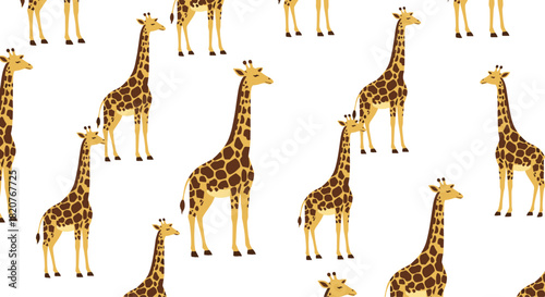 Whimsical seamless pattern of charming giraffes with brown spots in various sizes creating a playful wildlife motif.