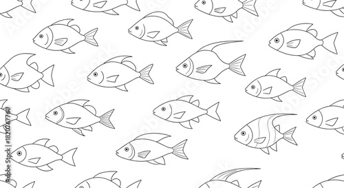 Underwater seamless pattern of outlined fish in various shapes and sizes swimming in diverse directions on a white background.