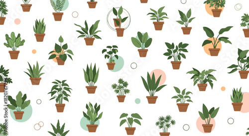 Beautiful seamless pattern of various potted houseplants with abstract pastel colored circles on a clean white background.