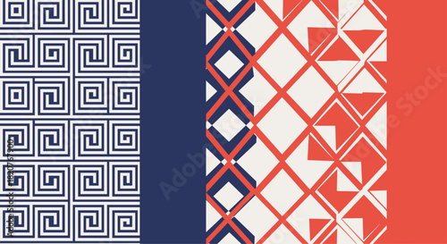 Geometric pattern compilation featuring distinct abstract designs in navy blue red and beige with solid color vertical dividers.