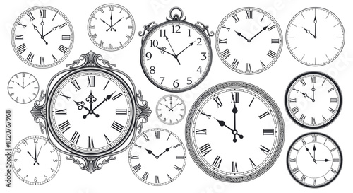 Collection of clocks with Roman numerals showing different times.