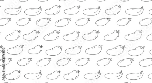 Clean seamless pattern of hand-drawn outlined eggplant vegetables arranged neatly in rows on a crisp white background.