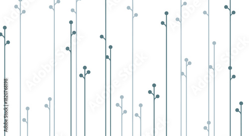 Minimalist seamless pattern featuring vertical lines with small buds or leaves in blue and gray shades on white.