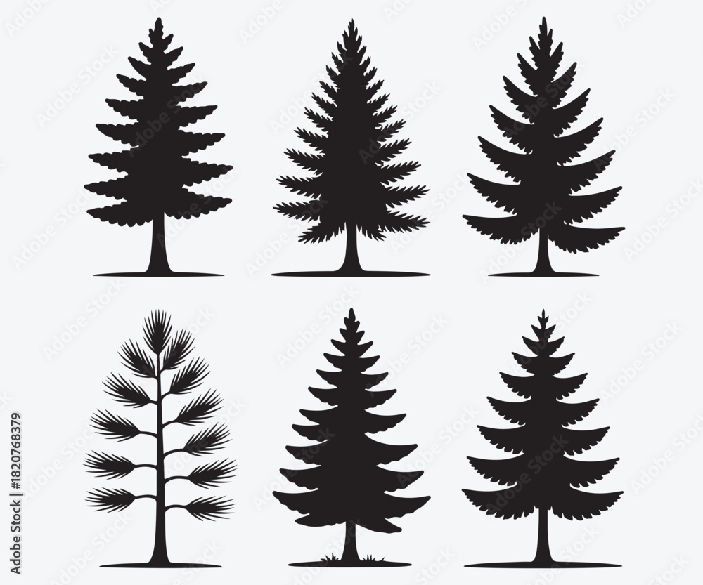 Obraz premium A vibrant vector illustration of a set of green pine trees, perfect for a winter holiday or Christmas forest design