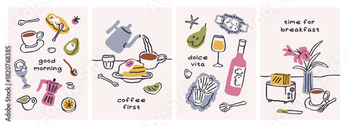 Doodle morning cards set. Breakfast and lunch food, sketch drawings and phrases, posters. Coffee, tea, egg, pancakes, seafood, eating in Dolce Vita scribble style. Hand-drawn vector illustrations