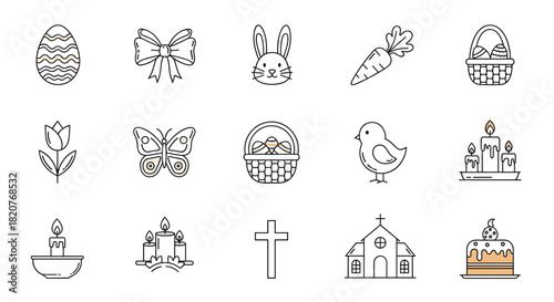 Extensive collection of fifteen black and white outline icons representing various Easter holiday elements and traditions.