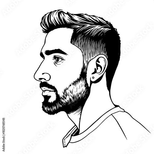Minimalist black-ink profile drawing of a Mediterranean man with a strong jawline, warm skin tone, and a short, neatly trimmed beard, wearing casual, light-colored clothing with subtle texture, clean 