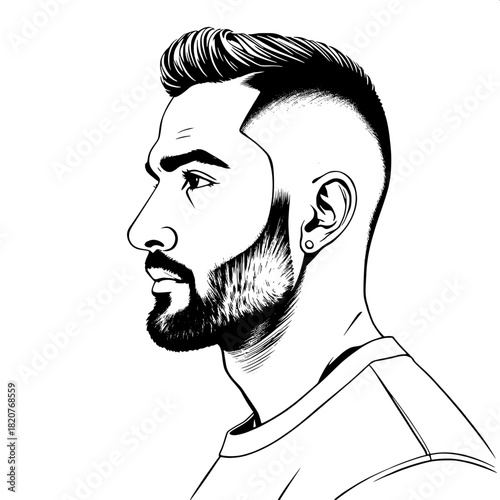 Minimalist black-ink profile drawing of a Mediterranean man with a strong jawline, warm skin tone, and a short, neatly trimmed beard, wearing casual, light-colored clothing with subtle texture, clean 