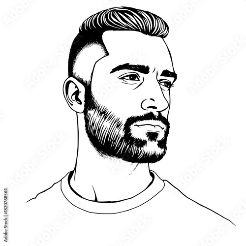 Minimalist black-ink profile drawing of a Mediterranean man with a strong jawline, warm skin tone, and a short, neatly trimmed beard, wearing casual, light-colored clothing with subtle texture, clean 