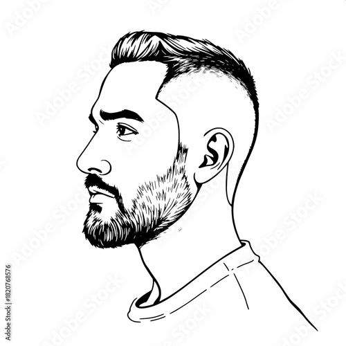 Minimalist black-ink profile drawing of a Mediterranean man with a strong jawline, warm skin tone, and a short, neatly trimmed beard, wearing casual, light-colored clothing with subtle texture, clean 