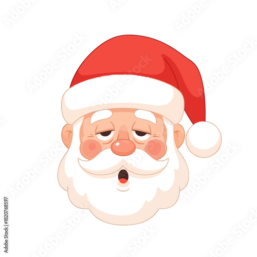 Tired Santa Claus face with a bored and weary expression. Vector illustration of an exhausted Saint Nicholas head for Christmas design