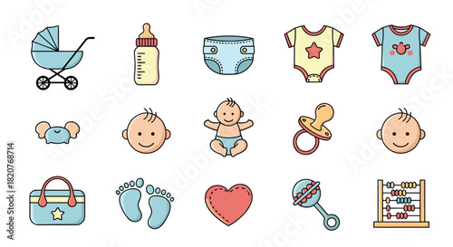 Comprehensive collection of fifteen adorable colorful icons representing various baby related items and child development.