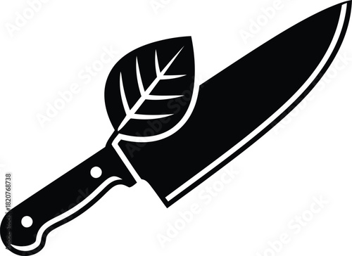 Chef knife with leaf symbol representing healthy food preparation