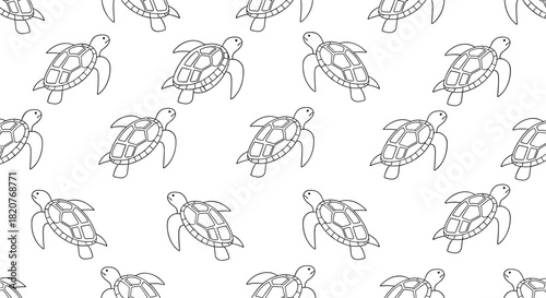 Underwater seamless pattern featuring outlined sea turtles swimming gracefully in various directions on a white background.