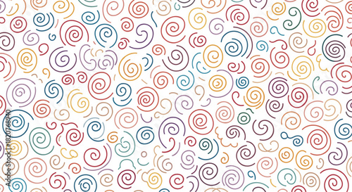 Playful seamless pattern featuring scattered hand-drawn spirals and swirls in various vibrant colors on a white background.