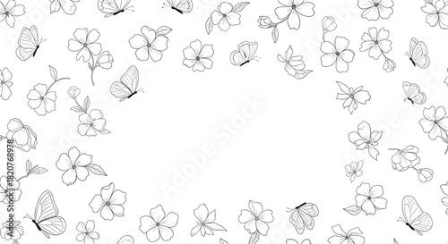 Delicate border design showcasing numerous outline flowers and butterflies, creating a graceful frame with ample copy space on a white background.