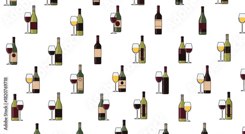 Elegant seamless pattern of various wine bottles and glasses filled with red and white wine on a clean white background.