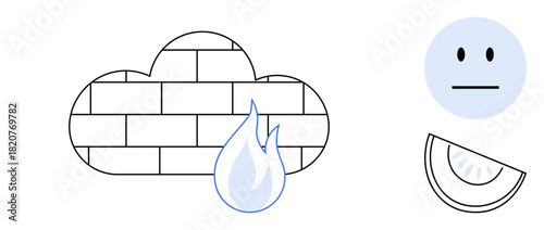 Cloud built with bricks and flame representing security, neutral face emotion, and half watermelon. Ideal for cybersecurity, protection, emotion, abstraction, fruits, digital safety and simplicity