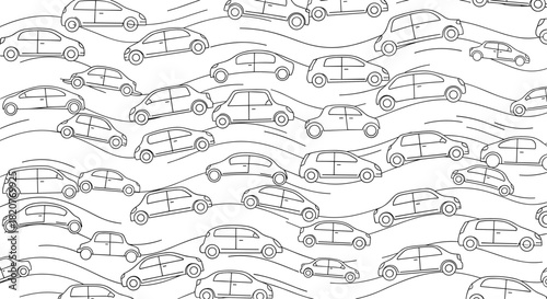 Dynamic seamless pattern of outlined cars of various types moving on wavy lines representing roads on a white background.