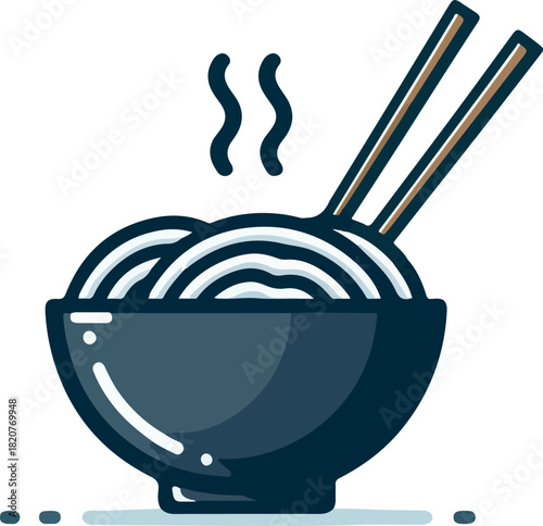 A detailed illustration of a bowl filled with noodles, with chopsticks and steam rising.