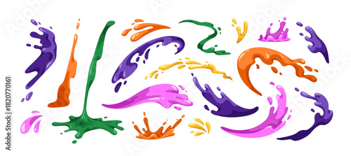 Abstract liquid splashes set. Juice burst, splatter. Fluid shapes, falling and squirting up. Fresh drink spatter, flow, drop, design element. Flat vector illustration isolated on white background