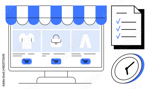 Digital storefront with clothing items and shopping cart buttons, accompanied by a checklist and clock. Ideal for e-commerce, planning, time management, productivity, online business, shopping