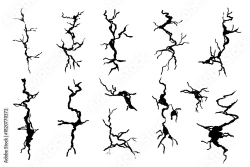 Crack wall, ground texture breaks on land surface. Ground fissure line sketch set. Crash fracture, land damage, earthquake