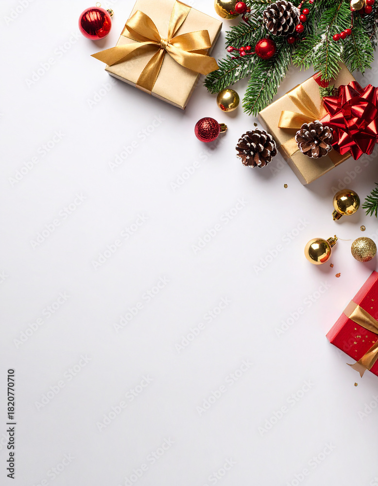 Obraz premium tarjeta navideña marco con regalos y adornos de navidad en la esquina sobre fondo blanco con espacio para texto y diseño, para felicitaciones, promociones o carta de reyes magos