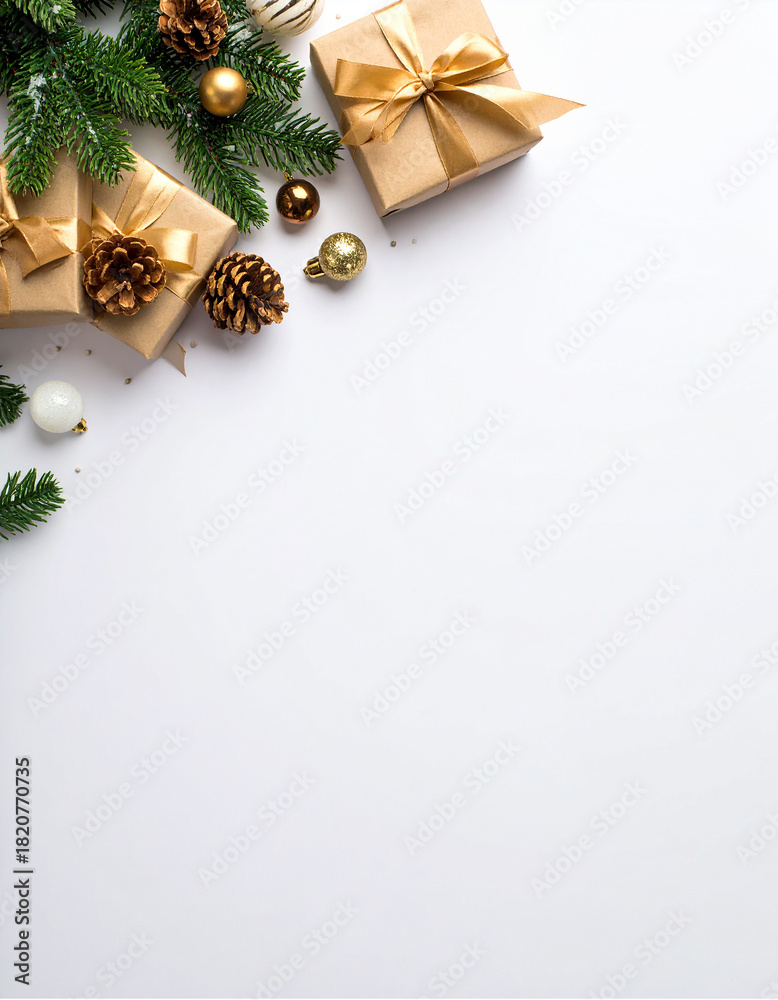 Obraz premium tarjeta navideña marco con regalos y adornos de navidad en la esquina sobre fondo blanco con espacio para texto y diseño, para felicitaciones, promociones o carta de reyes magos