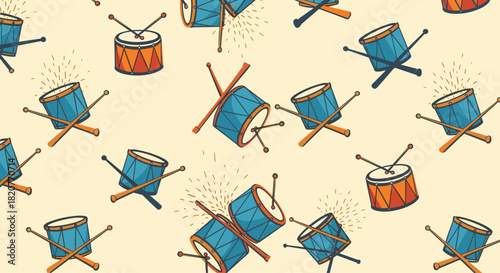 Musical seamless pattern featuring scattered colorful drums with drumsticks creating a lively and rhythmic background.