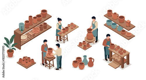 Crafting pottery in isometric art style workshop with shelves and craftsmen