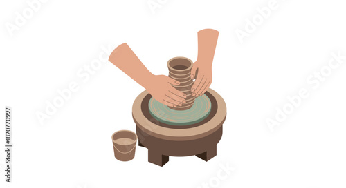 Hands crafting pottery on a wheel in isometric design