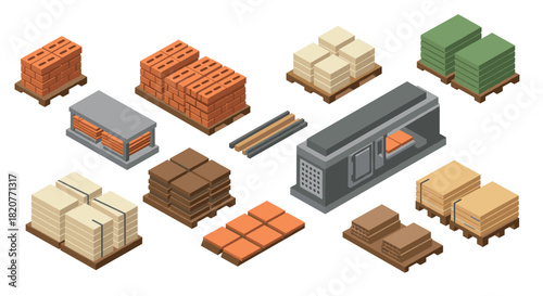 Isometric warehouse brick storage layout with pallets and packaging