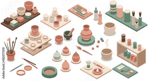 Modern isometric pottery and craft tools collection in earthy pastel tones