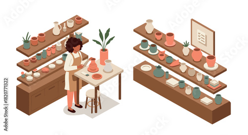 Isometric pottery workshop: artisan crafting in modern studio with colorful ceramics
