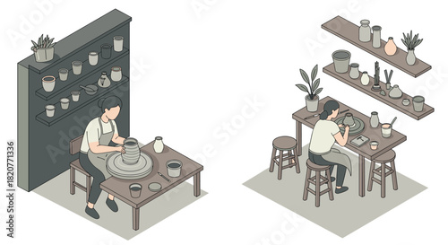 Isometric pottery studio scene with artist crafting clay pots