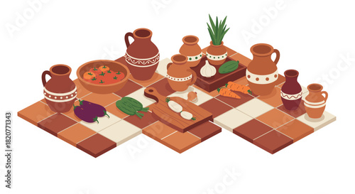 Isometric ceramic pottery and fresh vegetables on rustic tiles