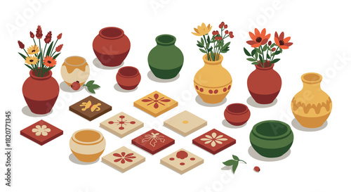 Vibrant isometric ceramic vases and tiles with floral accents