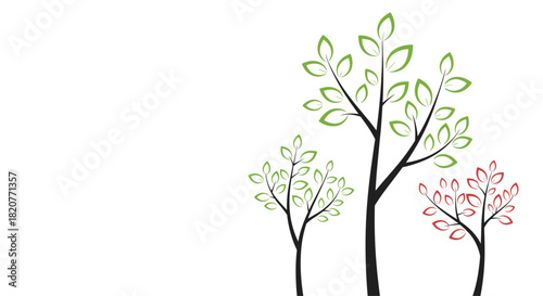 Elegant illustration depicting three stylized trees with slender black trunks and vibrant green and red leaves, on a clear white backdrop.