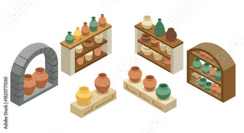 Isometric ceramic vases and pottery on shelves