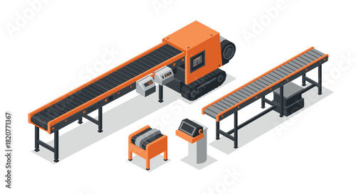 Isometric factory conveyor system with automated machinery and control panels